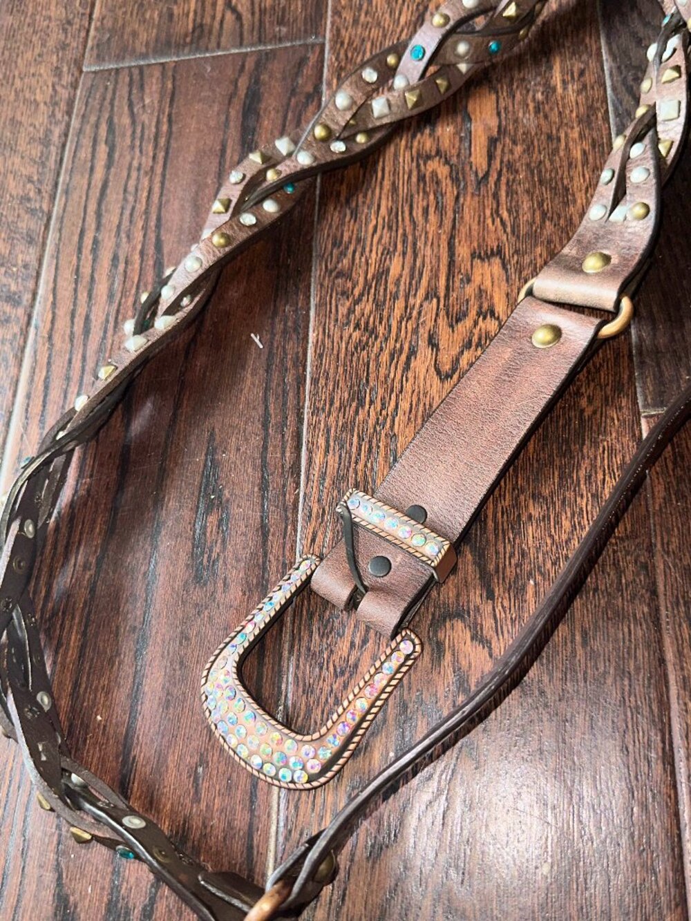 Roper Women's Brown Studded Braided Leather Western Rhinestone Belt